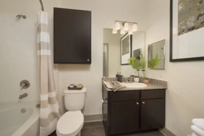 Apartment bathroom with tan shower curtain