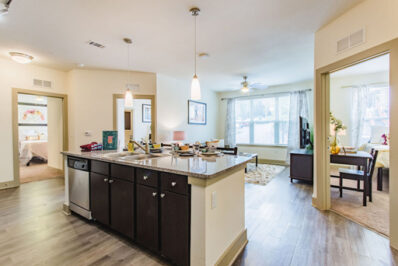 Apartment kitchen with view of living area